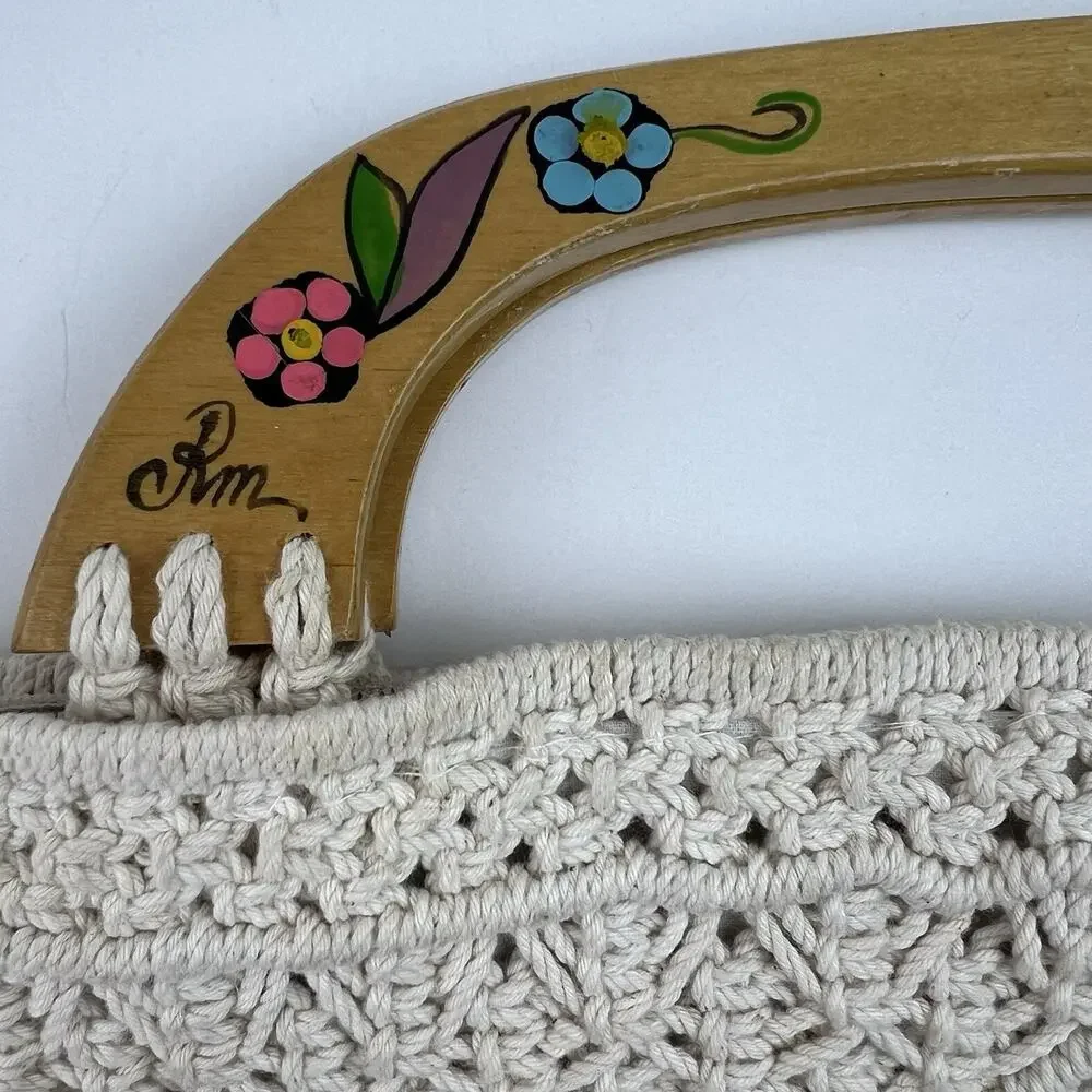 Vintage 70s Macrame Handbag Cream Boho Purse Painted Wooden Handles Folk Art